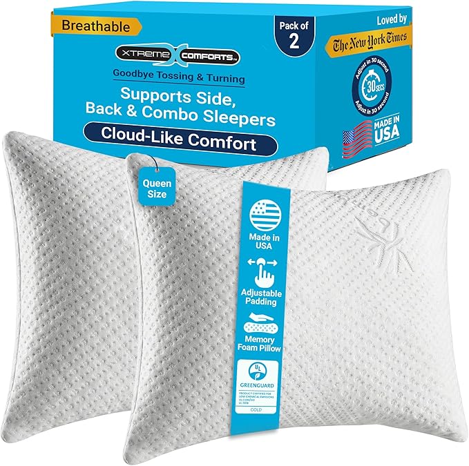 Xtreme Comforts GREENGUARD Certified Queen Pillows for Sleeping (2 Pack) | Adjustable Shredded Memory Foam Pillows with Removable Cover | Support for Side, Back & Stomach Sleeper