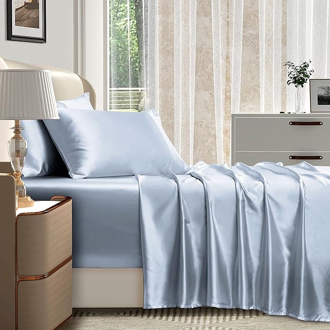 Homiest 4pcs Extra Deep Pocket King Size Bed Sheets, 18-24 Inch Deep Pocket, Baby Blue Satin Sheet Set, Luxury Fitted Sheet Set Fits Ultra Deep Mattress