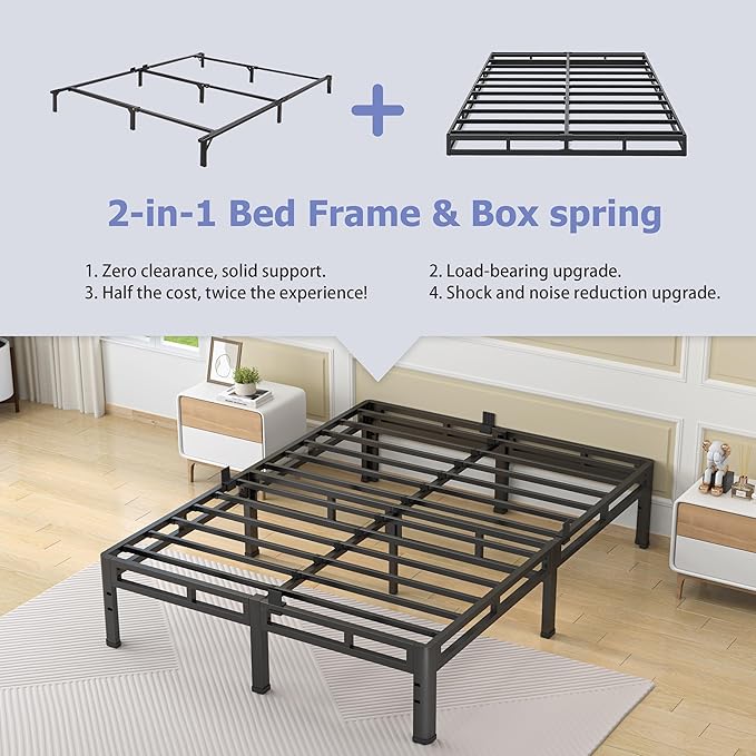 NKZ 12 Inch King Size Bed Frame, Metal Bed Frame & Box Spring 2 in 1 Platform with Round Corner Legs, 4000Lbs Heavy Duty Metal Frame, Mattress Slide Stopper, Headboard Hole, Noise-Free, Easy Assembly