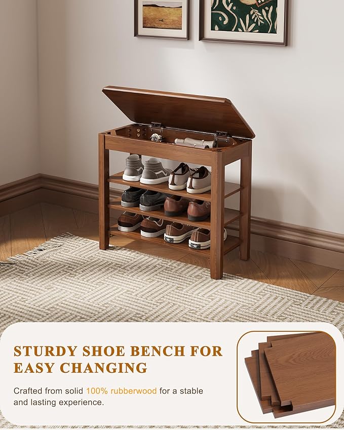 IUNVR Shoe Rack Bench Seat Rubberwood 3-Tier Wooden Storage Bench 550lbs Compact Mid-Century Modern Design for Entryway, Hallway, Closet, Front Door Entrance, Foyer