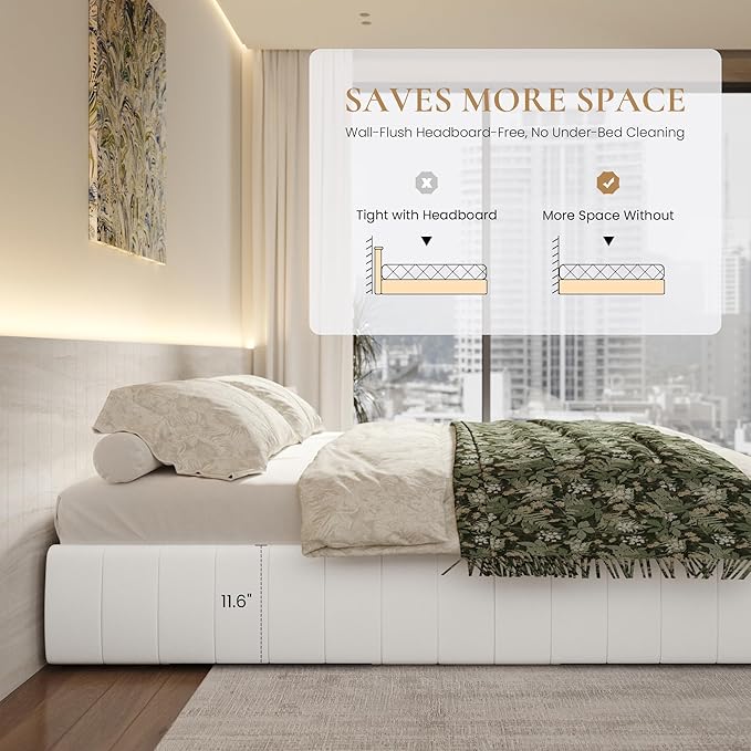 SHA CERLIN Queen Size Velvet Upholstered Platform Bed Frame with 4 Storage Drawers, Vertical Channel Tufted, Low Profile, Fits Standard Headboards, Wooden Slats Support, Easy Assembly, White