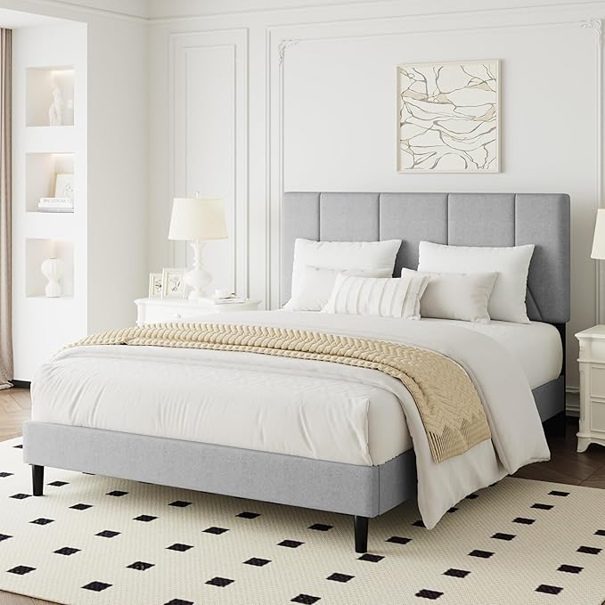Full Bed Frame, Padded Platform Bed Frame with Fabric Headboard, Vertical Quilted Design, Sturdy Slatted Mattress Base, No Spring Mattress Required, Easy to Assemble, Light Gray
