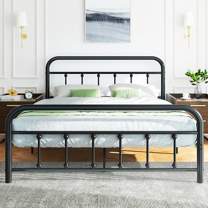 Shintenchi Queen Size Metal Platform Bed Frame with Headboard & Footboard, Steel Slat Mattress Foundation, Under Bed Storage, Noise-Free, No Box Spring Needed, Black Round