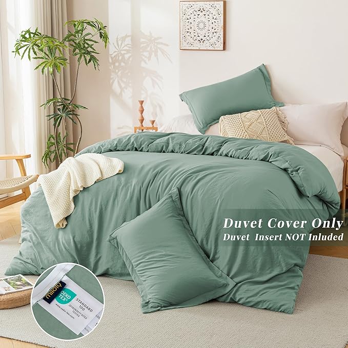 MILDLY Super Soft Duvet Cover - 100% Washed Microfiber Sage Green Comforter Cover Set 3 Pieces with Zipper Closure & Corner Ties (No Comforter)
