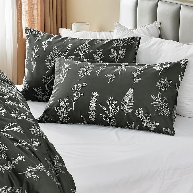 MUXHOMO Duvet Cover Queen Size, Reversible Floral Dark Grey Duvet Cover Set with Zipper Closure, 3 Pieces Botanical Patterns Soft Microfiber Bedding Set with 4 Ties (90"x90", 2 Pillow Cases)