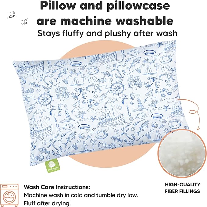 Toddler Pillow with Pillowcase - 13x18 My Little Dreamy Kids Travel Bed Pillows for Sleeping, Organic Cotton Small Pillowcase, Soft & Breathable, Machine Washable, Toddlers 2-5 years old (Nautical)
