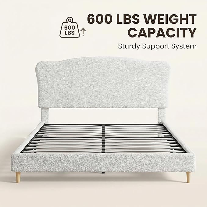 GarveeHome Queen Size Bed Frame with Upholstered Headboard, Soft Low Profile Sturdy Platform Bed with Rounded Corners Design, Heavy Duty, Wooden Slats, Noise Free, No Box Spring Needed, White