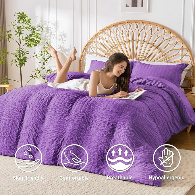 HYMOKEGE Dark Purple Duvet Cover Full Size, Ultra Soft 3-Piece Seersucker Duvet Cover Set with Zipper Closure, Soft Brushed Microfiber Bedding Set with 8 Corner Ties (80"x90", 2 Pillowshams)