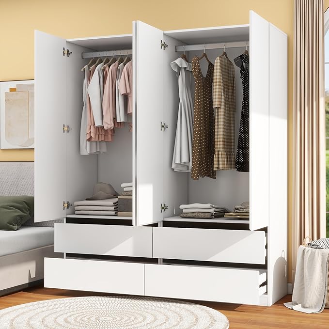 White Wardrobe Closet with Doors: 75" Large Capacity Bedroom Armoire, Wooden Cabinet with 4 Drawers, Hanging Storage Shelves with Hanging Rod (Contemporary, 2)