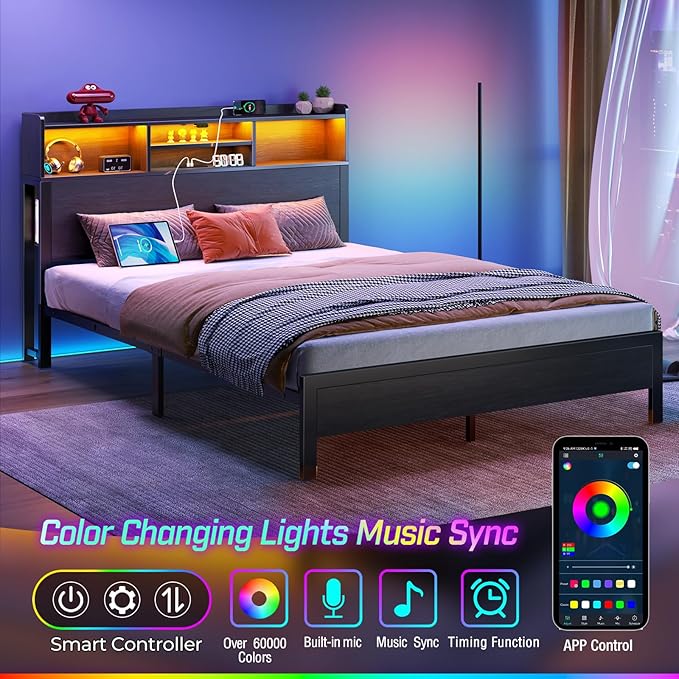 Rolanstar Queen Bed Frame with Storage Headboard & Side Shelf, Metal Platform Bed with Charging Station, LED Bed Frame, Easy Assembly, Noise-Free, Black