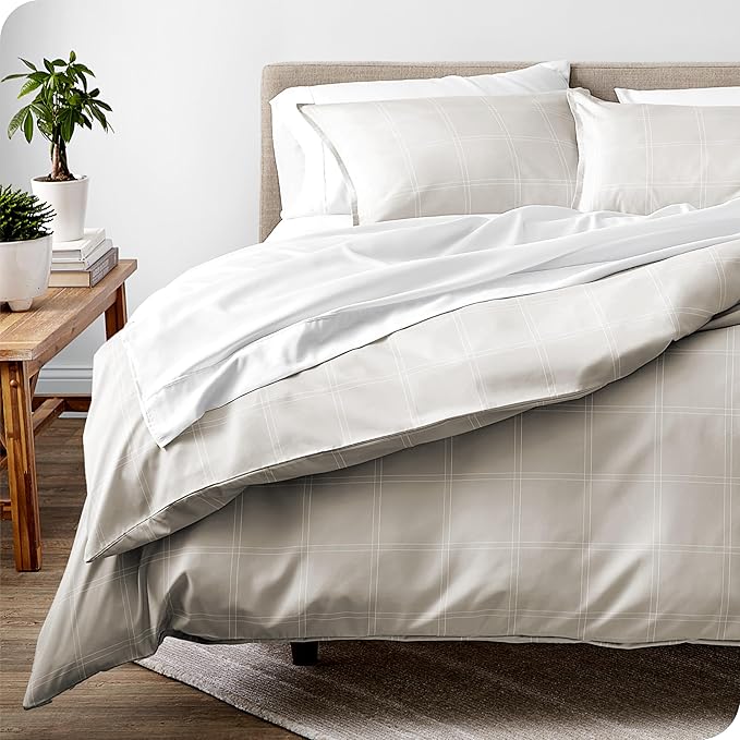 Bare Home Bedding Duvet Cover Full Size - Premium 1800 Super Soft Collection - Lightweight, Duvet Cover - Soft Textured Bedding (Full, Modern Plaid - Stone/White)