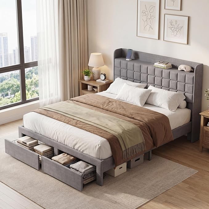 DUMOS Queen Size Upholstered Platform Bed Frame, Queen Bed with Storage Drawers and Fabric Headboard, Wooden Slats Support, 882 lbs Weight Capacity, No Box Spring Needed, Easy Assembly, Gray