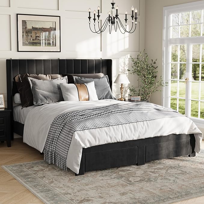 IDEALHOUSE Full Bed Frame with Wingback Headboard, Velvet Upholstered Platform Bed with 2 Storage Drawers, Vertical Tufted Headboard Design, Wooden Slats Support, No Box Spring Needed, Black