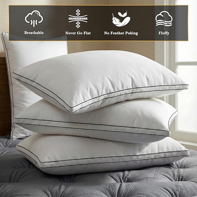 Feather Pillows King Size Set of 2 Goose Down Pillows with 100% Breathable Cotton Cover, Hotel Collection Bed Pillows for Sleeping, Soft Support for Back, Stomach and Side Sleepers