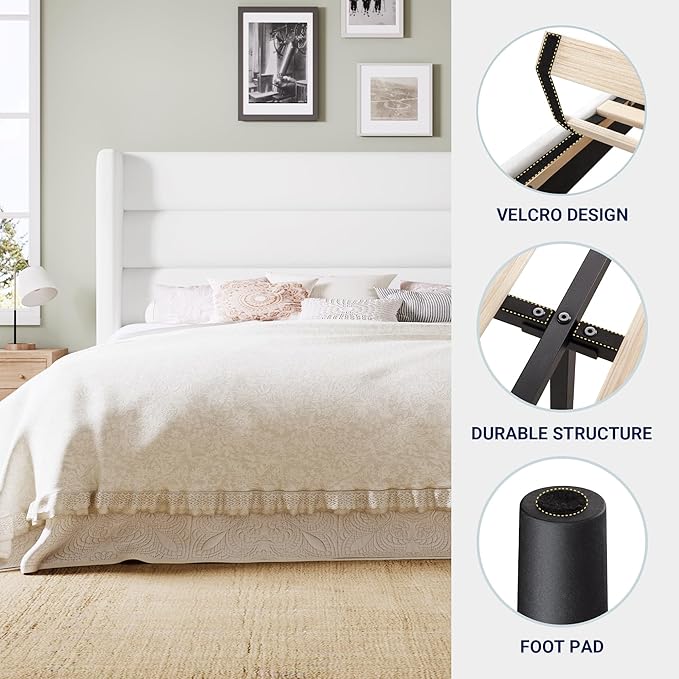 Allewie Full Size Platform Bed Frame with Velvet Upholstered Wingback Headboard, No Box Spring Needed, Under Bed Storage Space, Strong Wooden Slats, Modern Mattress Foundation, Easy Assembly, White