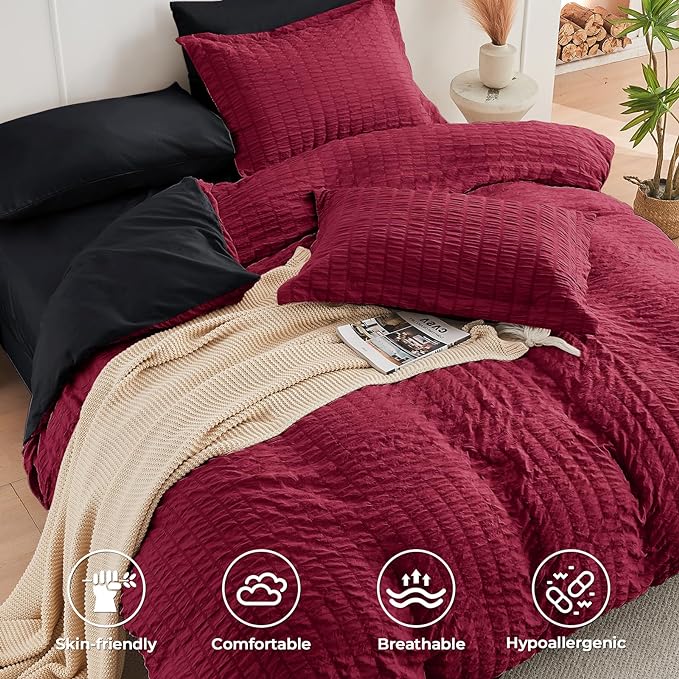HYMOKEGE Red & Black Queen Comforter Set Seersucker 7 Pieces, All Season Luxury Bed in a Bag for Bedroom, Bedding Set with Comforters, Sheets, Pillowcases & Shams