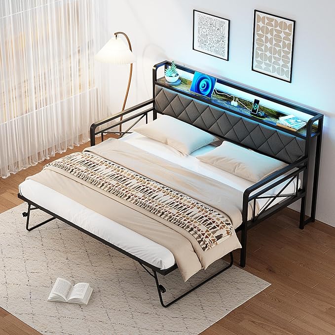VINGLI Full Daybed with Trundle Bed, Upholstered Day Bed with LED Light & Charing Station, Sofa Bed Frame with Storage Headboard and Heavy Duty Metal Slats, for Living Room, Bedroom, Guest Room, Gray