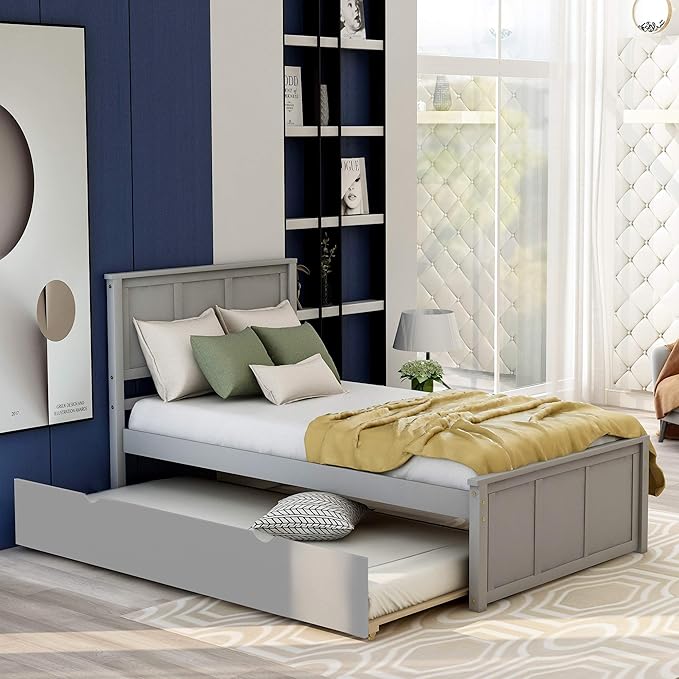 Ball & Cast Twin Bed Frames,Dyabed Platform Bed W/Pull Out Trundle Bed,Trundle can be Placed on Either Side of The Bed,for Bedroom,Guest Room,Apartment,Gray