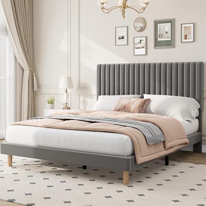 IDEALHOUSE Full Bed Frame with Adjustable Headboard, Velvet Upholstered Platform Bed Frame Full Size, Vertical Channel Tufted, Strong Wooden Slats, No Box Spring Needed, Easy Assembly, Grey