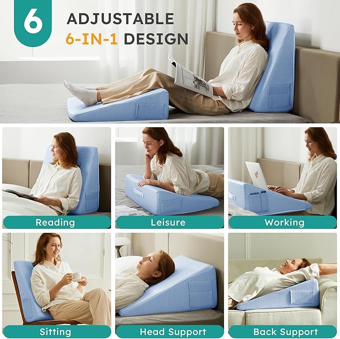 Bedluxe Wedge Pillow, 12 inch Bed Wedge Pillow for Headboard, Pillow Wedge for Acid Reflux Relief, Sleeping, After Surgery, Snoring, Gerd, Triangle Pillow Wedge - Cooling Memory Foam Top, Light Blue