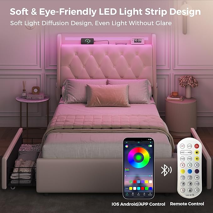 Twin LED Velvet Bed Frame with 2 Storage Drawers&Hidden Headboard, Upholstered Platform Bed with Charging Station&Button Tufted Design, Wooden Slats Support, Box Spring Optional, Easy Assembly, Beige