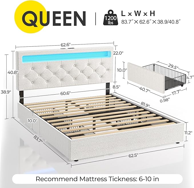 Rolanstar Queen Bed Frame with 4 Storage Drawers and Charging Station, Queen Bed with Led Lights, 2 USB & 1 Type C, Adjustable Headboard 38.9/40.10 Inches, No Box Spring Needed, White