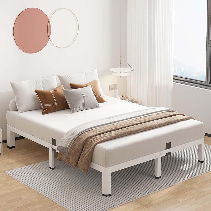 ROIL 10 Inch White King Bed Frame with Rounded Corner and Mattress Retainers, 3500LBS Heavy Duty Steel Slats No Box Spring Needed Platform Noise-Free Easy Assembly