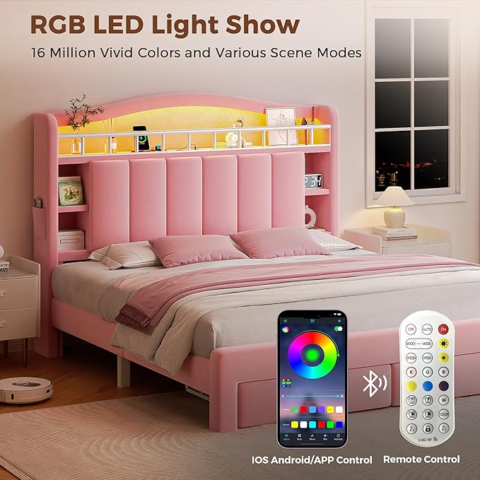 Full LED Bed Frame with Storage Headboard & 2 Storage Drawers, Princess Velvet Upholstered Bed with Vertical Tufted Headboard Design for Girls, USB & Type-C Charging Ports, Wooden Slats Support, Pink