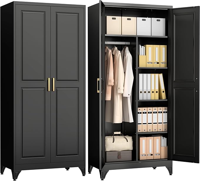 Polup Metal Armoire Wardrobe Closet, 71" Tall Wardrobe Cabinet with 2 Doors, Hanging Rod and Adjustable Shelves, Steel Clothing Storage Cabinet for Bedroom, Home, Gym, Office, Employee, Black