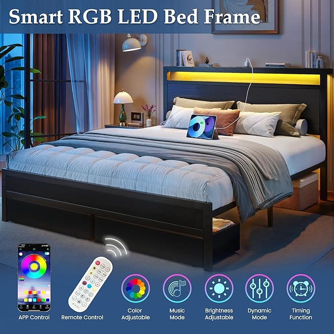 Fluest Queen Bed Frame,Queen Bed Frame with Storage Headboard & 2 Storage Drawer, Charging Station & LED Light, No Box Spring Needed, Noise Free, Easy Assembly, Classic Black