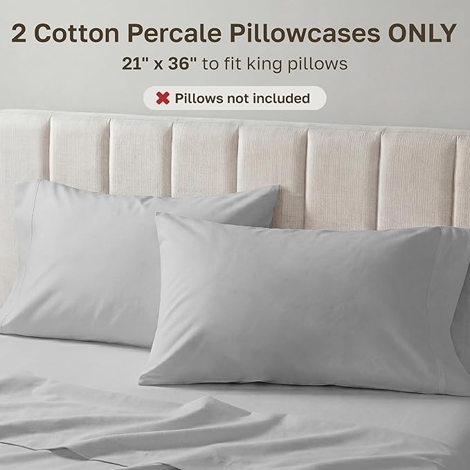 California Design Den 100% Egyptian Cotton Pillowcases King Size Set of 2 - Crisp Percale Feel, Soft & Breathable Bed Pillow Cases - Light Grey