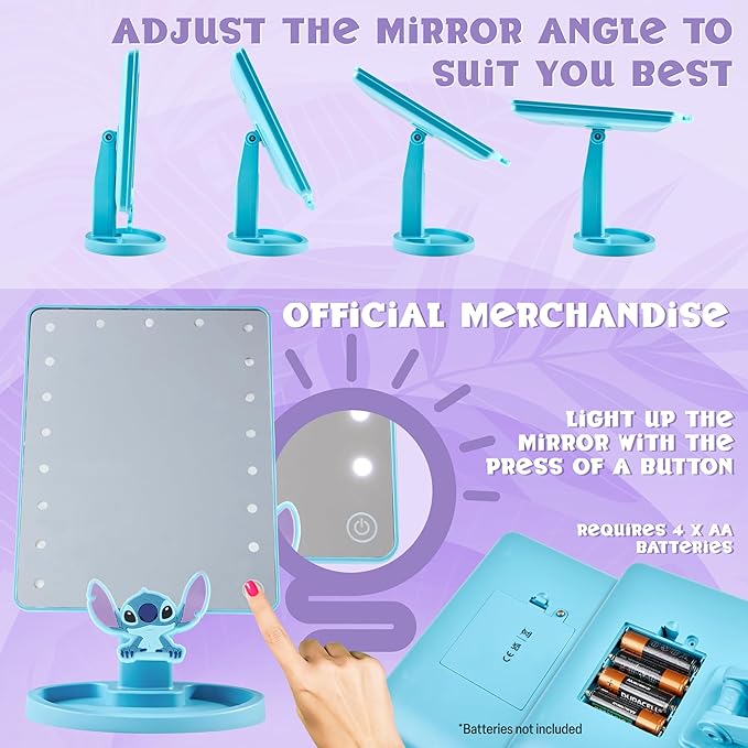 Disney Stitch Vanity Mirror for Girls, Teens, Women with Trinket Tray, LED Table Mirror, Touch Screen, Light Make Up, Gifts for Women (Blue)