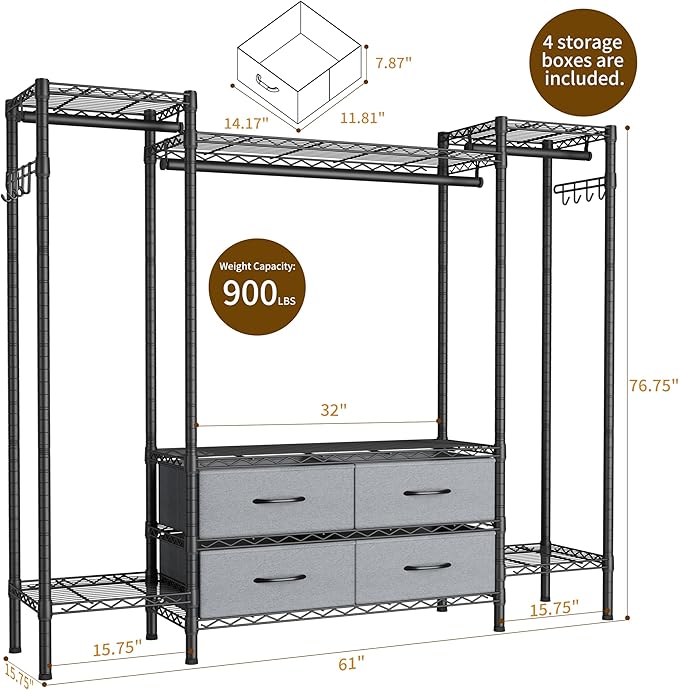 Golpart Heavy Duty Garment Rack Clothes Rack,Large Metal Closet Organizer System Storage Wardrobe,Freestanding Clothing Rack with 8 Adjustable Wire Shelves&3 Hang Rods,MaxLoad 900lbs