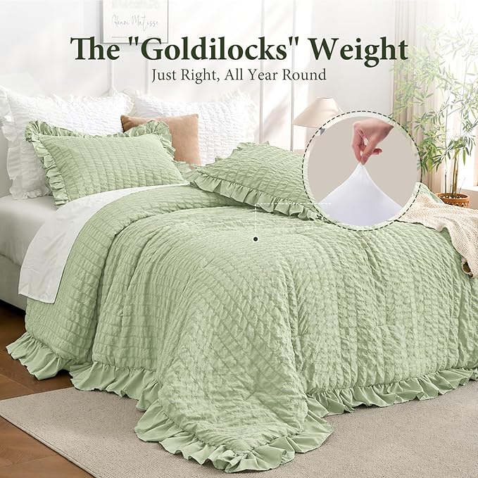 JOLLYVOGUE Sage Green Twin Size Comforter Set, 2 Pieces Seersucker Lightweight Fluffy Bedding Set, Twin Ruffle Comforter, All Season Soft Microfiber Shabby Chic Bed Set