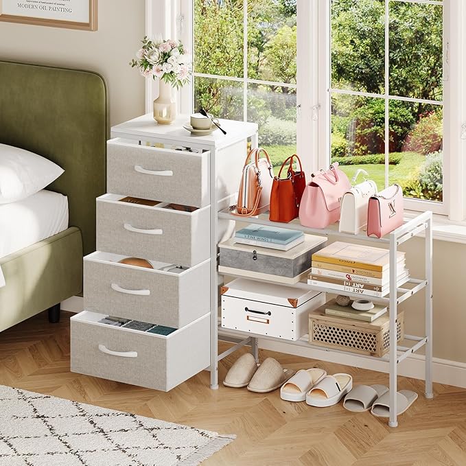 Cidaziya Expandable Closet Organizers and Storage, 4 Drawer Dresser, White Fabric Storage Dresser, Clothes Shelves for Kids, Purse Organizer Small Shoe Rack for Closet Bedroom