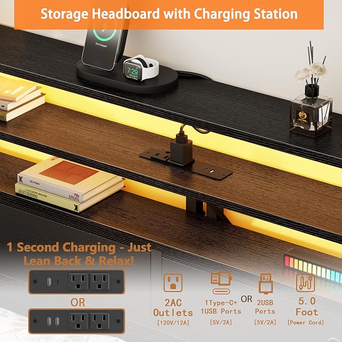 Furnulem Queen Bed Frame with Headboard, 3-Tier Storage Shelves & 2 Fabric Drawers, Built-in Charging Station & RGB LED Lights, Metal Slat Support, No Box Spring Needed, Easy Assembly, Black Oak
