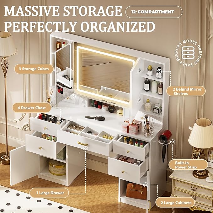 COMHOMA Vanity Desk with 3 Way Mirror and Lights, Large Makeup Vanity Table Set with Charging Station, 3 Lighting Modes & 360° View Mirror, 7 Drawers Dressing Table for Women Girls Bedroom, White