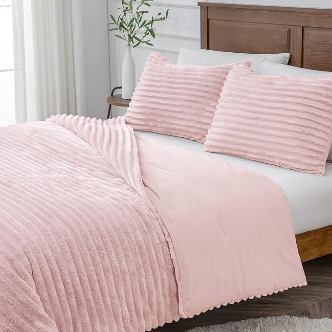 BEDELITE Fleece California King Comforter Set -Super Soft & Warm Fluffy Pink Bedding, Luxury Fuzzy Heavy Bed Set for Winter with 2 Pillow Cases