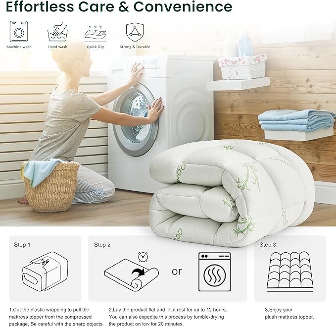 Love's cabin Full Size Mattress Topper Viscose Derived from Bamboo, Thick Pillow Top Mattress Pad with Stretchable Pockets for 8"-20" Mattress, Soft Cooling Mattress Topper for Hot Sleepers, Green