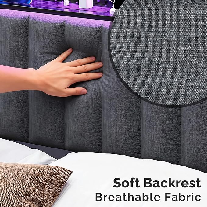 VINGLI Full Size Headboard with 2 Shelves, Adjustable Upholstered Headboard with Pegboard, Charging Stations and LED Lights, Modern Bed Headboard with Storage for Bedroom Decor, Dark Gray