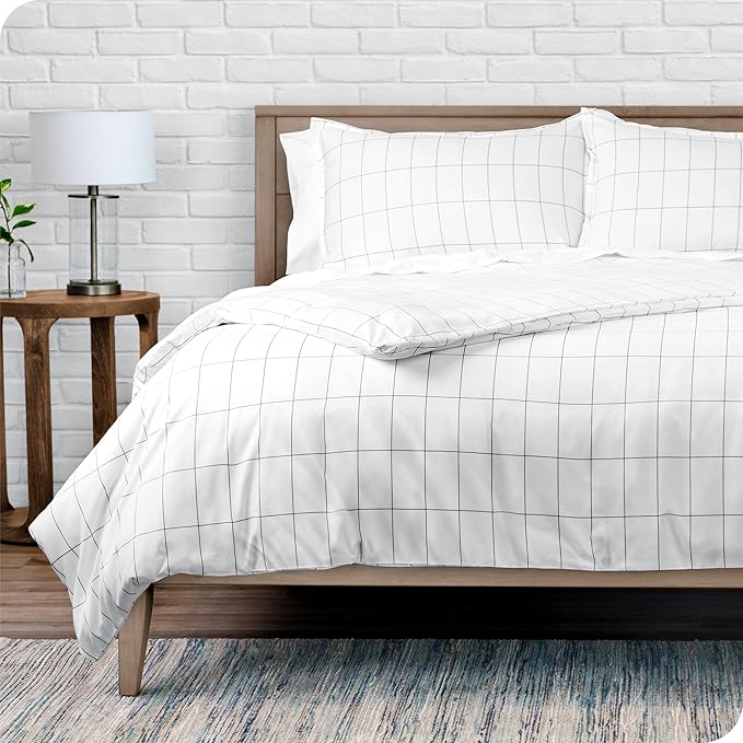 Bare Home Duvet Cover - Queen Size Bedding Set - Premium 1800 Super Soft Collection - Lightweight, Cooling - Soft Breathable Duvet Cover (Queen, Grid – White/Grey)