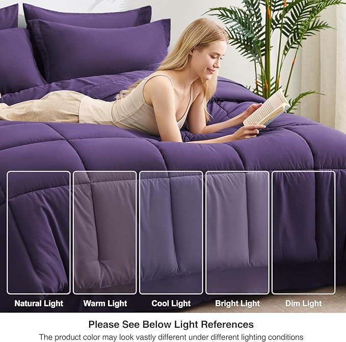 Love's cabin Queen Comforter Set Dark Purple, 7 Pieces Queen Bed in a Bag, All Season Bedding Sets with 1 Comforter, 1 Flat Sheet, 1 Fitted Sheet, 2 Pillowcase and 2 Pillow Sham | Soft, Breathable, Lightweight, Comfortable