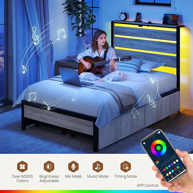 Rolanstar Twin Bed Frame with 4 Drawers, LED Lights and Charging Station, Metal Platform Bed with Storage Headboard, Noise Free, Easy Assembly, No Box Spring Needed, Light Grey