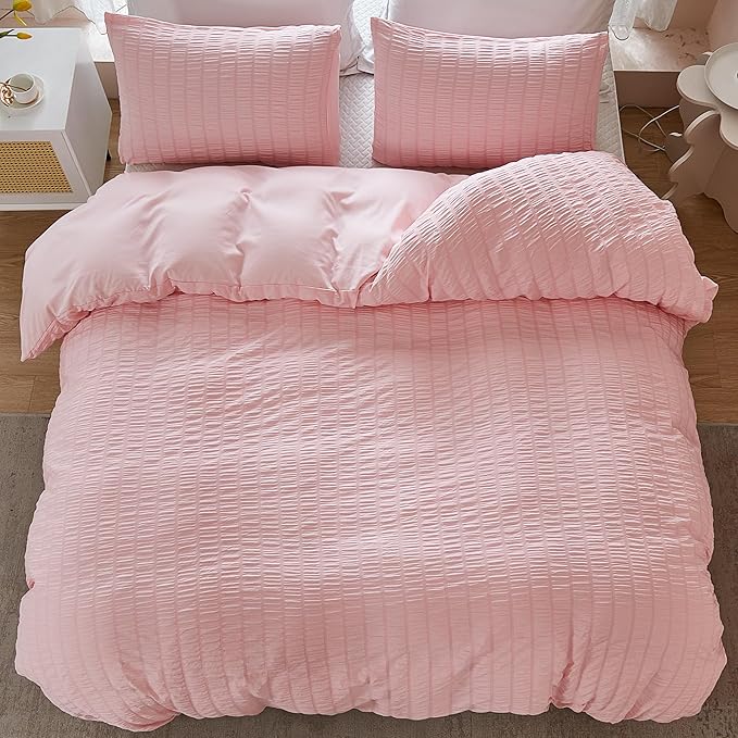 AveLom Blush Pink Seersucker Duvet Cover Set Queen Size (90 x 90 inches), 3 Pieces (1 Duvet Cover + 2 Pillow Cases), Ultra Soft Washed Microfiber, Textured Duvet Cover with Zipper Closure, Corner Ties