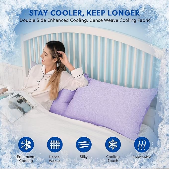 HOMFINE Cooling Pillowcases Standard Size - Double Side Q-Max 0.439 Cooling Fiber for Pillow Protector, Breathable Cold Pillow Cover for Hot Sleeper Night Sweat Hidden Zipper, 2 Pack (20"x26", Purple)