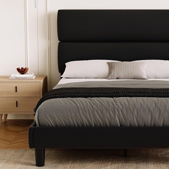 GRUSIGN Queen Size Platform Bed Frame with Velvet Headboard, Adjustable Height Wooden Slats Support, Upholstered Mattress Foundation, Fits Mattress or Mattress with Box Spring, Easy Assembly, Black