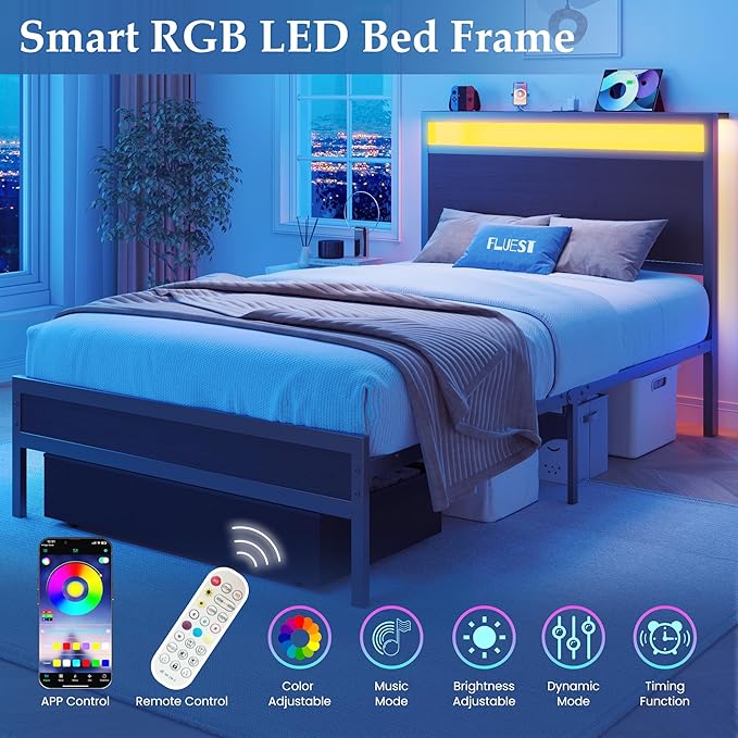 Fluest Twin Bed Frame,Twin Bed Frame with Storage Headboard & Storage Drawer, Charging Station & LED Light, No Box Spring Needed, Noise Free, Easy Assembly, Classic Black