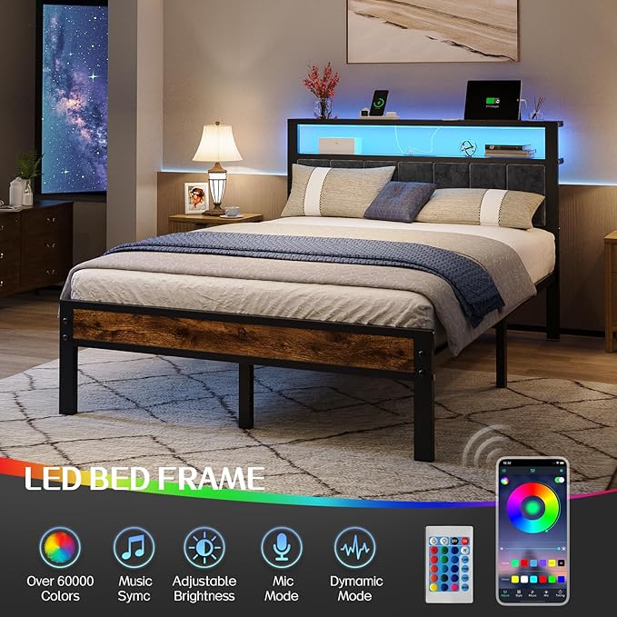 Liians Full Size Platform Bed Frame with LED Lights, Charging Station, Grey Upholstered Headboard with 2-Tier Storage Shelves, Noise Free, No Box Spring Needed