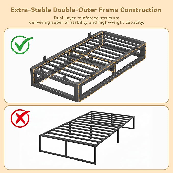 10 Inch Twin Bed Frames with Rounded Corner and Squeak Free U-Slot Design, Metal Platform Bed Frames 6 Non-Slip Guards, 3500lbs Heavy Duty Steel Slat Support, No Box Spring Needed, Black