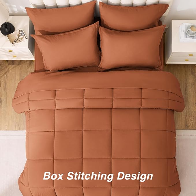 Love's cabin Full Comforter Set Burnt Orange, 7 Pieces Full Bed in a Bag, All Season Bedding Sets with 1 Comforter, 1 Flat Sheet, 1 Fitted Sheet, 2 Pillowcase and 2 Pillow Sham | Soft, Breathable, Lightweight, Comfortable